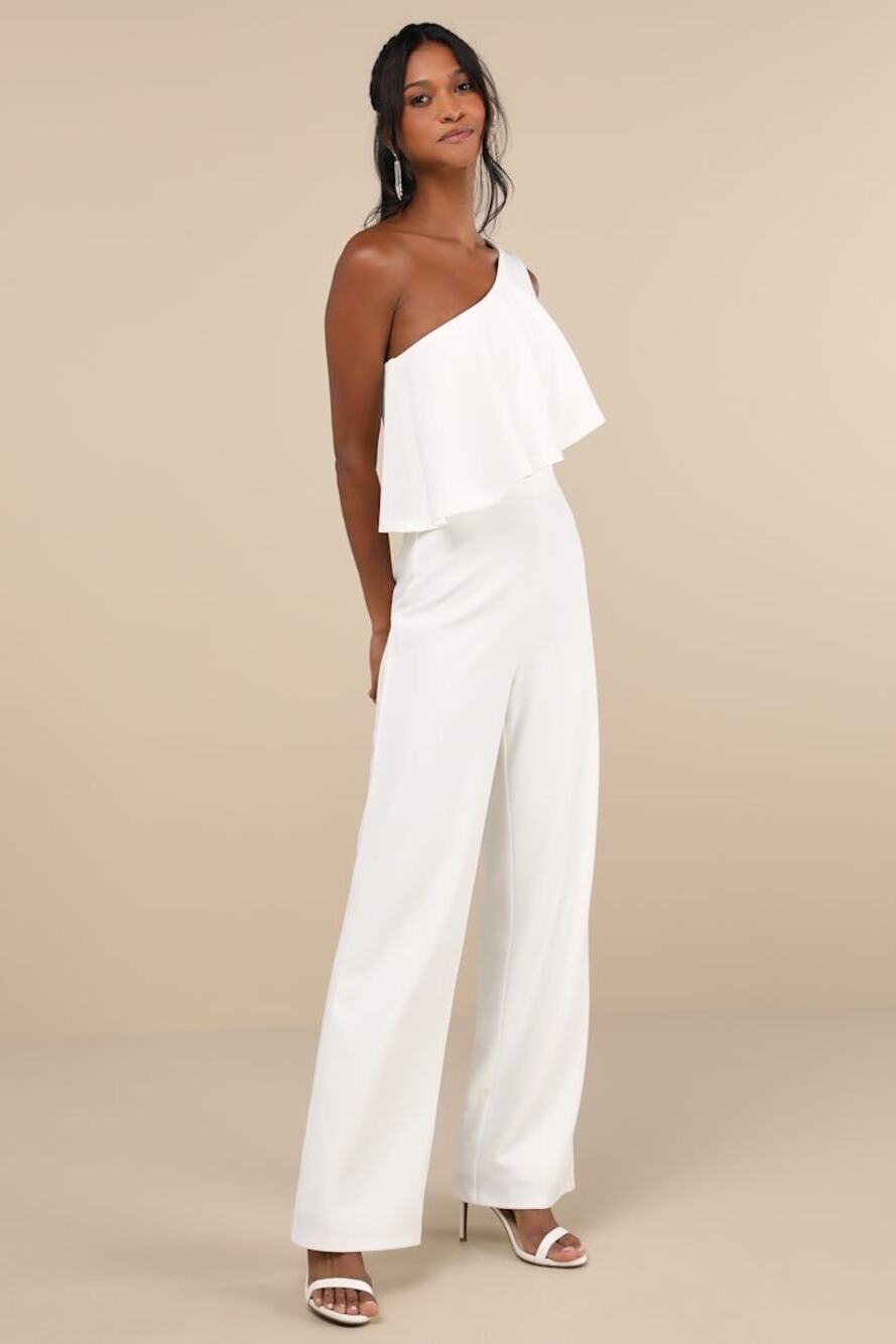 NWT Lulus Flawless Vibes White One-Shoulder Tiered Wide-Leg Jumpsuit Elegant L